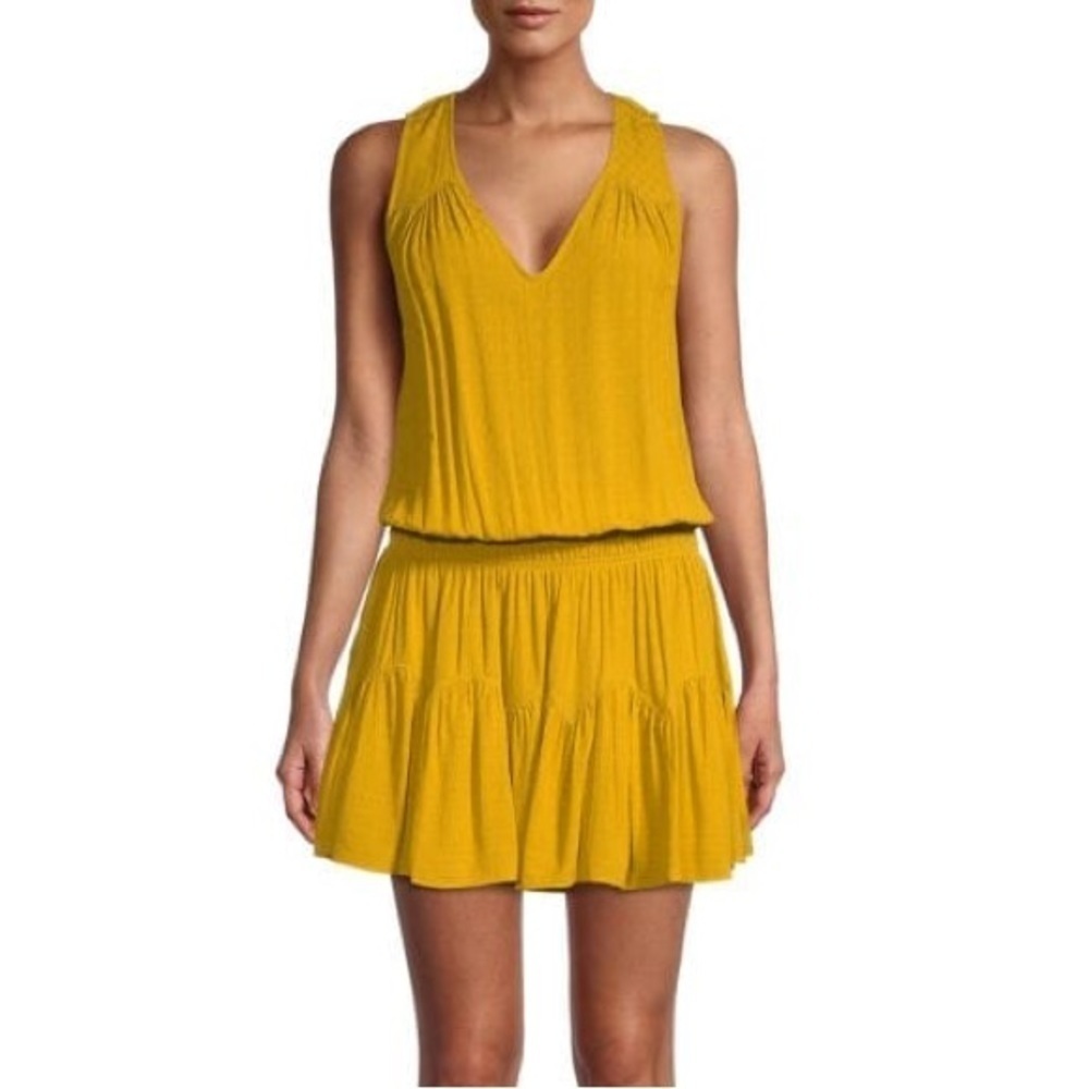Ramy Brook Golden Yellow Textured Perry Mini Blouson Sleeveless Mini Dress EUC M